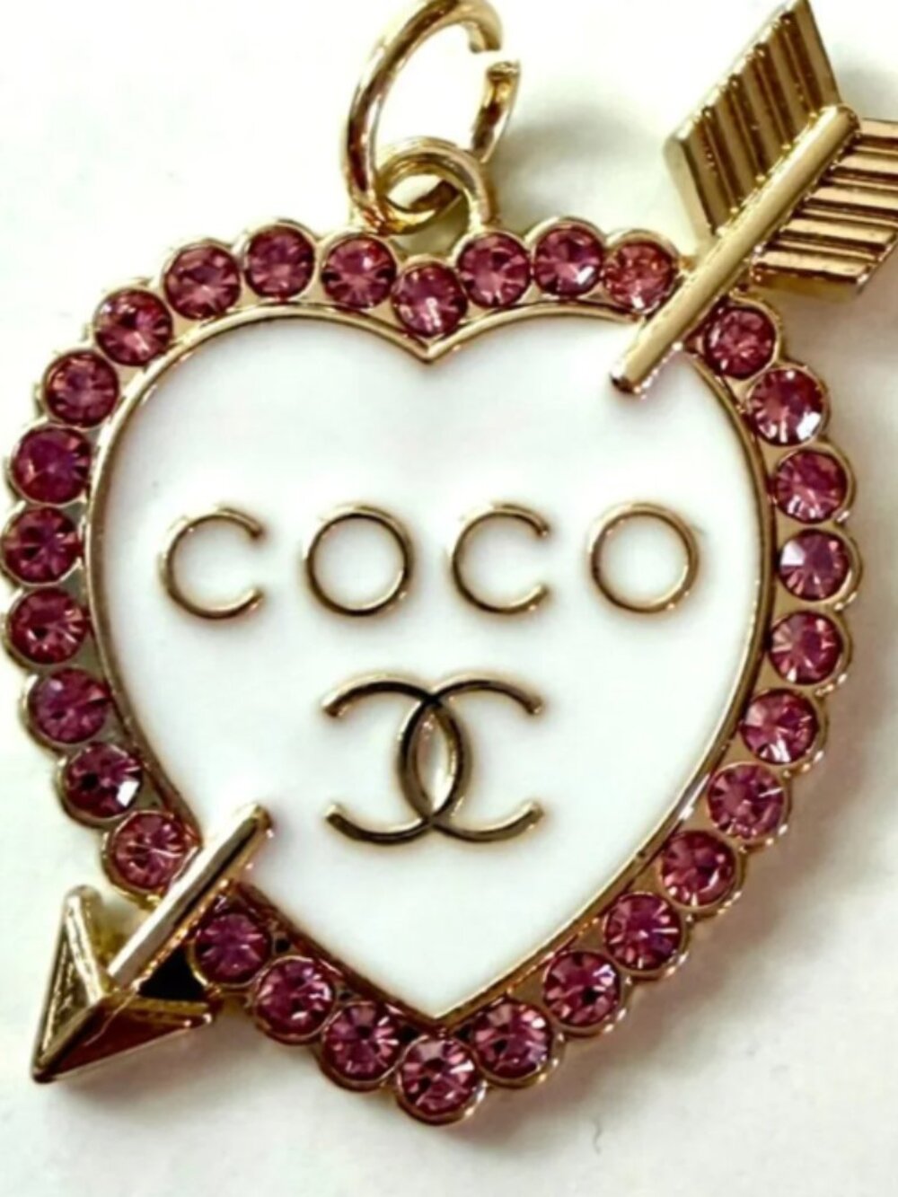 Pink Coco Chanel Rhinestone Heart Coco CC Zipper Pull Charm